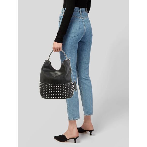 Burberry Studded Leather Hobo Bag Black Silver Spikes Pebbled Medium Tote - Picture 1 of 15
